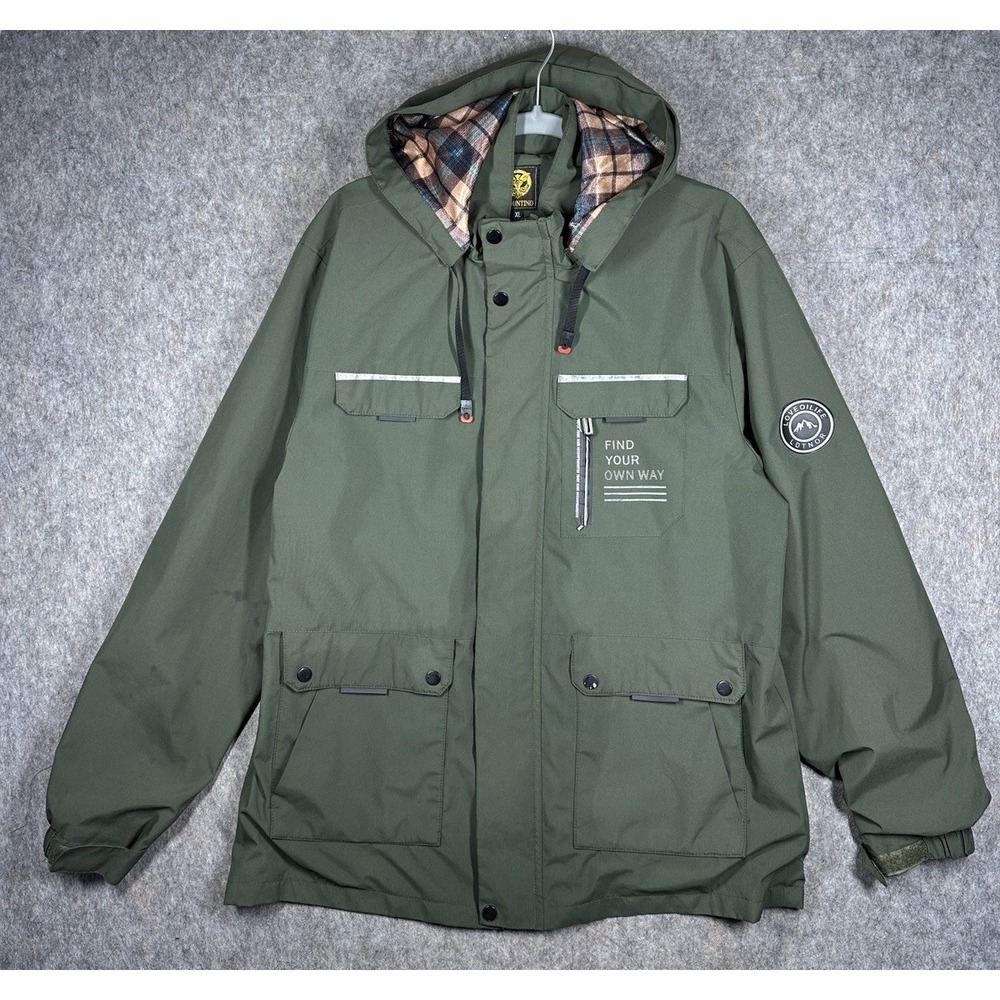 Leduntino XL Hooded Jacket Olive Green Waterproof Outdoor Coat Plaid Lined
